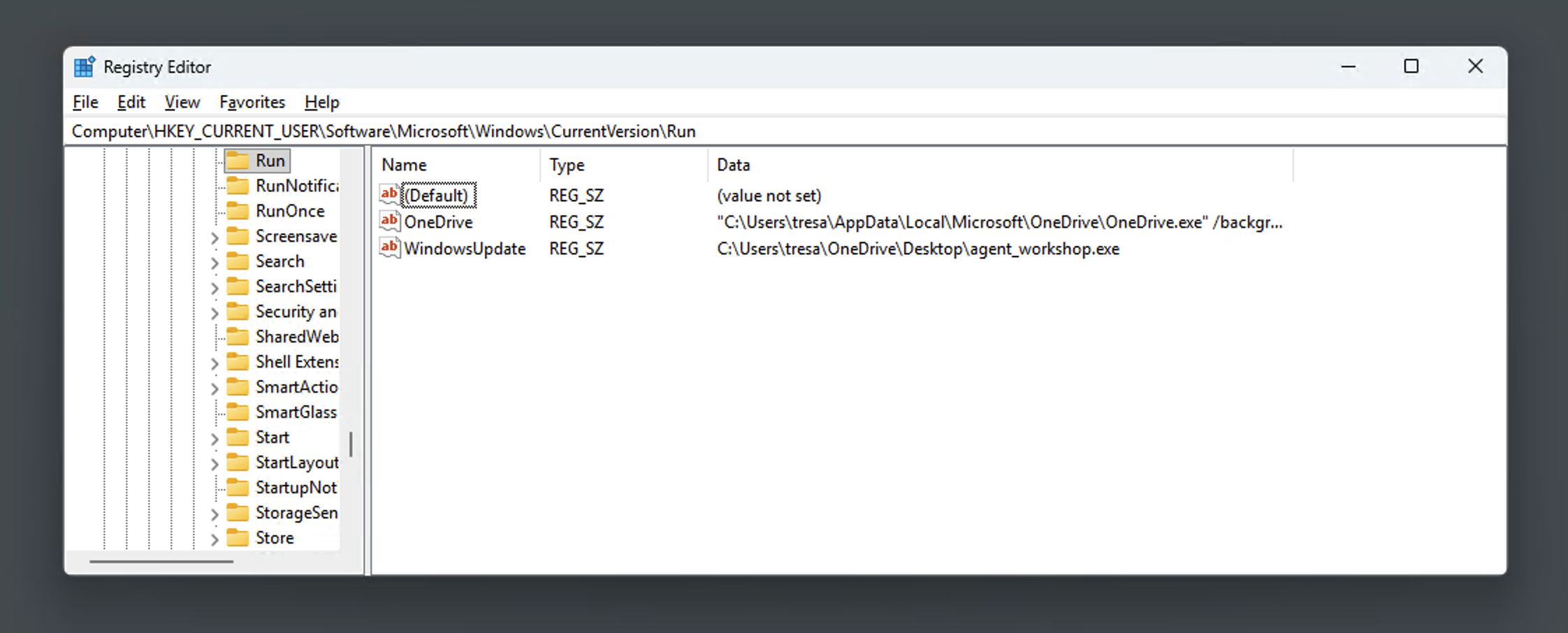Registry Editor showing WindowsUpdate persistence entry